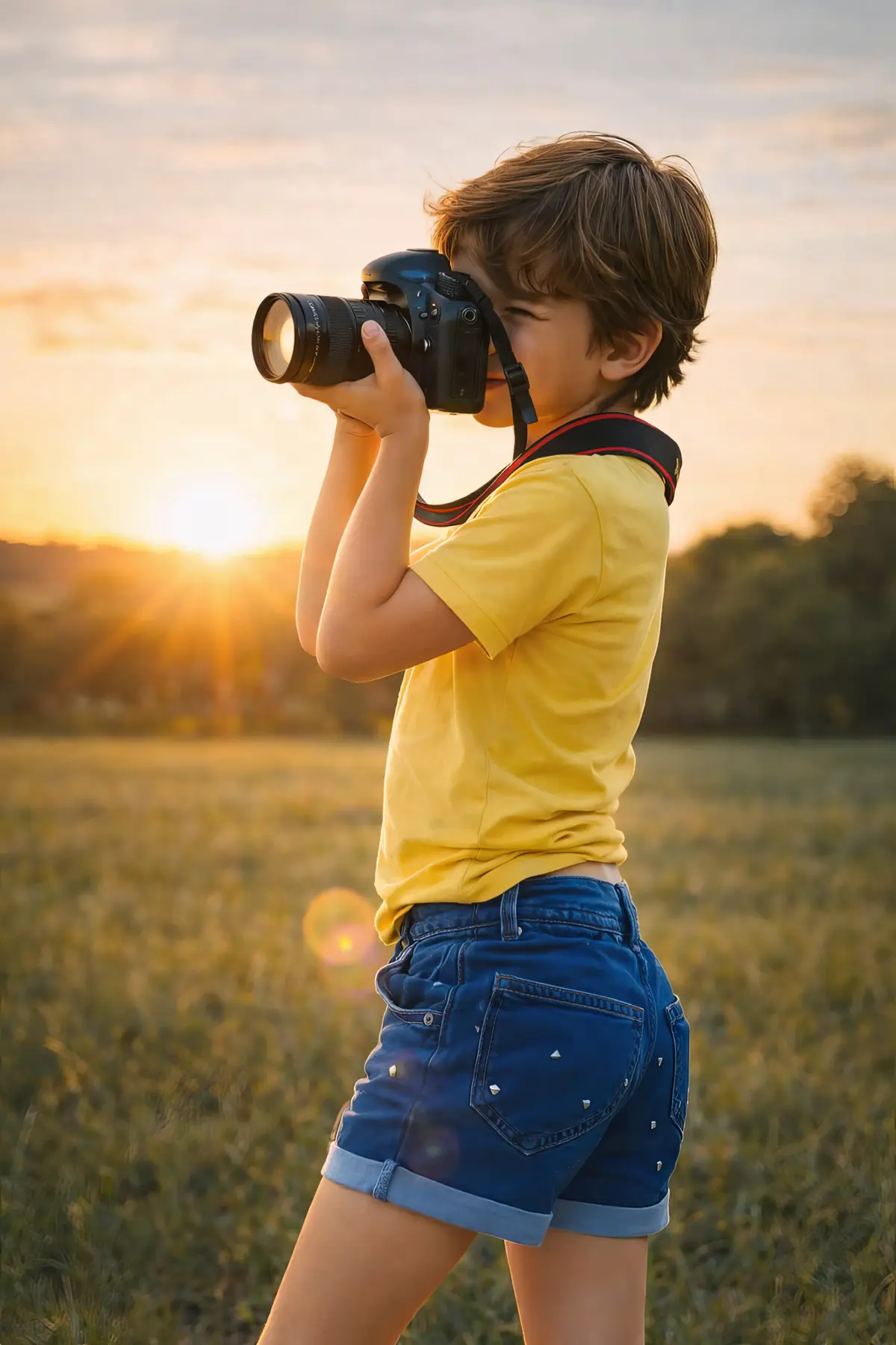 Boy taking photo at sunset